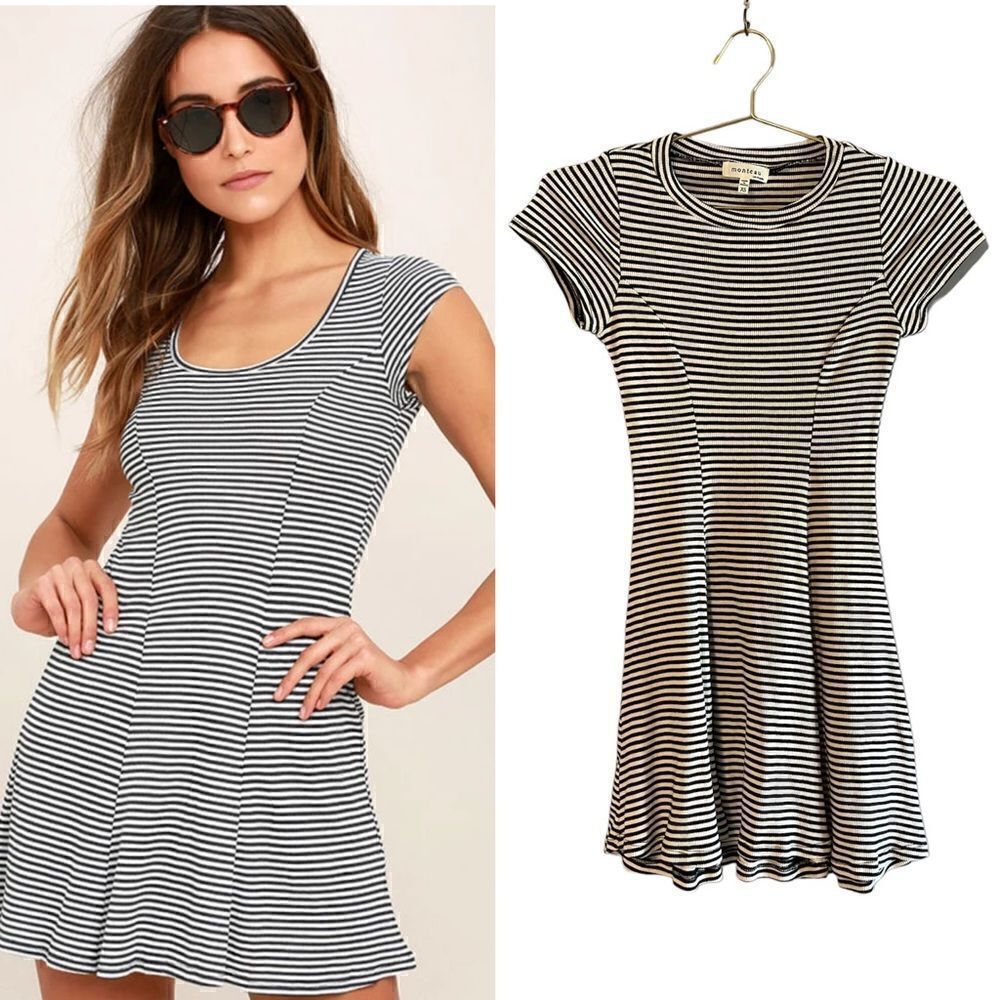 Monteau Striped Short Sleeve Fit & Flare Mini Dress in Black & White | SZ XS